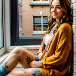 Как вес влияет на тату A petite woman with a watercolor thigh tattoo sitting on a windowsill wearing an oversized cardigan long brown hair flowing f tatufoto.com 102