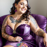 Как вес влияет на тату A plus-size woman with a colorful chest tattoo lounging on a velvet armchair wearing a strapless dress dark curly hair pinned tatufoto.com 029