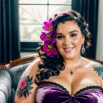 Как вес влияет на тату A plus-size woman with a colorful chest tattoo lounging on a velvet armchair wearing a strapless dress dark curly hair pinned tatufoto.com 051