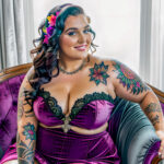 Как вес влияет на тату A plus-size woman with a colorful chest tattoo lounging on a velvet armchair wearing a strapless dress dark curly hair pinned tatufoto.com 070