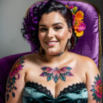 Как вес влияет на тату A plus-size woman with a colorful chest tattoo lounging on a velvet armchair wearing a strapless dress dark curly hair pinned tatufoto.com 179