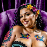 Как вес влияет на тату A plus-size woman with a colorful chest tattoo lounging on a velvet armchair wearing a strapless dress dark curly hair pinned tatufoto.com 181