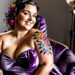 Как вес влияет на тату A plus-size woman with a colorful chest tattoo lounging on a velvet armchair wearing a strapless dress dark curly hair pinned tatufoto.com 182