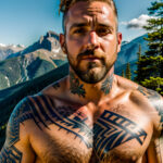 Как вес влияет на тату A rugged man with a scar running through his chest tattoo standing on a mountain trail shirtless sun-kissed skin short blond tatufoto.com 049