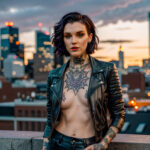 Как вес влияет на тату A slender woman with a blackwork sleeve tattoo standing by a city skyline at dusk wearing a fitted leather jacket short dark tatufoto.com 137
