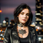 Как вес влияет на тату A slender woman with a blackwork sleeve tattoo standing by a city skyline at dusk wearing a fitted leather jacket short dark tatufoto.com 184