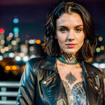 Как вес влияет на тату A slender woman with a blackwork sleeve tattoo standing by a city skyline at dusk wearing a fitted leather jacket short dark tatufoto.com 185