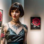 Как вес влияет на тату A slender woman with a floral wrist tattoo standing in a modern art gallery wearing a chic dress short bob haircut tattoo fe tatufoto.com 058