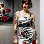 Как вес влияет на тату A slender woman with a floral wrist tattoo standing in a modern art gallery wearing a chic dress short bob haircut tattoo fe tatufoto.com 062