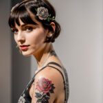 Как вес влияет на тату A slender woman with a floral wrist tattoo standing in a modern art gallery wearing a chic dress short bob haircut tattoo fe tatufoto.com 064