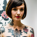 Как вес влияет на тату A slender woman with a floral wrist tattoo standing in a modern art gallery wearing a chic dress short bob haircut tattoo fe tatufoto.com 145