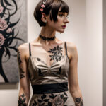 Как вес влияет на тату A slender woman with a floral wrist tattoo standing in a modern art gallery wearing a chic dress short bob haircut tattoo fe tatufoto.com 156
