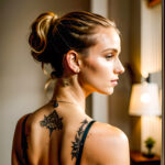 Как вес влияет на тату A slender woman with a minimalist moon tattoo on her neck standing in a dimly lit room wearing a high ponytail tattoo blendin tatufoto.com 104