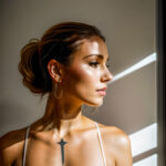 Как вес влияет на тату A slender woman with a minimalist moon tattoo on her neck standing in a dimly lit room wearing a high ponytail tattoo blendin tatufoto.com 180