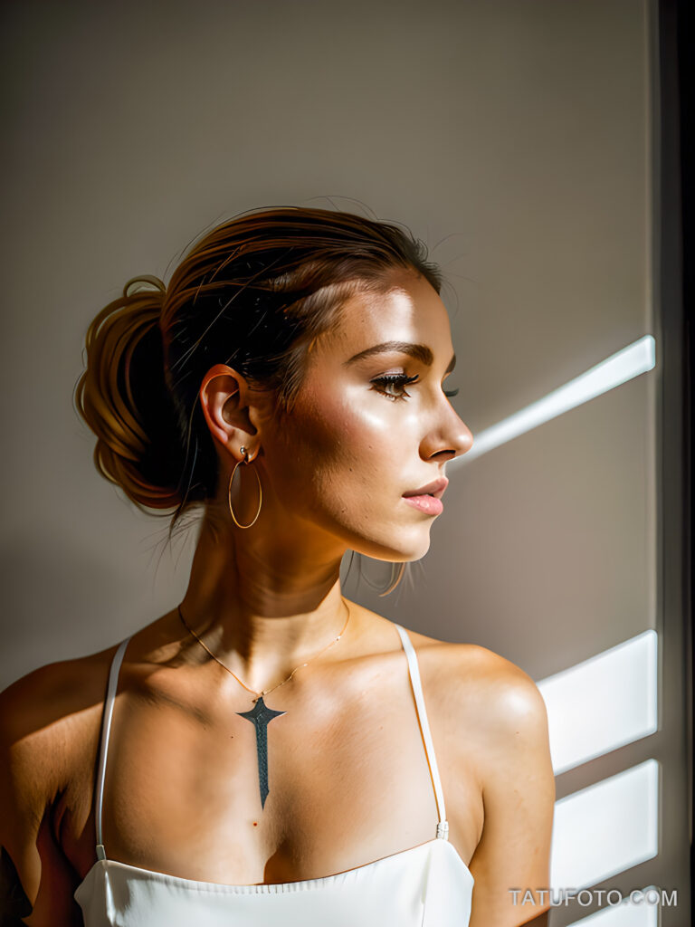 Как вес влияет на тату A slender woman with a minimalist moon tattoo on her neck standing in a dimly lit room wearing a high ponytail tattoo blendin tatufoto.com 180