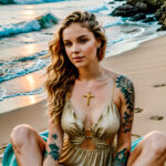 Как вес влияет на тату A slender woman with a surreal thigh tattoo sitting cross-legged on a sandy beach wearing a flowing summer dress tattoo featu tatufoto.com 167