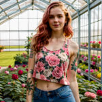 Как вес влияет на тату A slim woman with a realistic floral sleeve tattoo standing in a sunlit greenhouse wearing a tank top and jeans detailed rose tatufoto.com 037