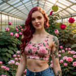 Как вес влияет на тату A slim woman with a realistic floral sleeve tattoo standing in a sunlit greenhouse wearing a tank top and jeans detailed rose tatufoto.com 122