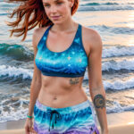 Как вес влияет на тату A slim woman with a sleeve tattoo featuring constellations walking along a sandy beach wearing a tank top and shorts medium-l tatufoto.com 071