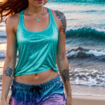 Как вес влияет на тату A slim woman with a sleeve tattoo featuring constellations walking along a sandy beach wearing a tank top and shorts medium-l tatufoto.com 110