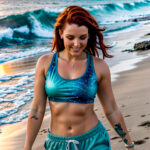 Как вес влияет на тату A slim woman with a sleeve tattoo featuring constellations walking along a sandy beach wearing a tank top and shorts medium-l tatufoto.com 189