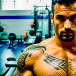 Как вес влияет на тату A tall athletic man with a bold black tribal tattoo on his bicep lifting heavy weights in a gym tattoos emphasizing his arm mu tatufoto.com 006