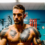 Как вес влияет на тату A tall athletic man with a bold black tribal tattoo on his bicep lifting heavy weights in a gym tattoos emphasizing his arm mu tatufoto.com 015