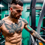 Как вес влияет на тату A tall athletic man with geometric sleeve tattoos running on a treadmill broad shoulders cropped hair sweat-soaked tank top tatufoto.com 066