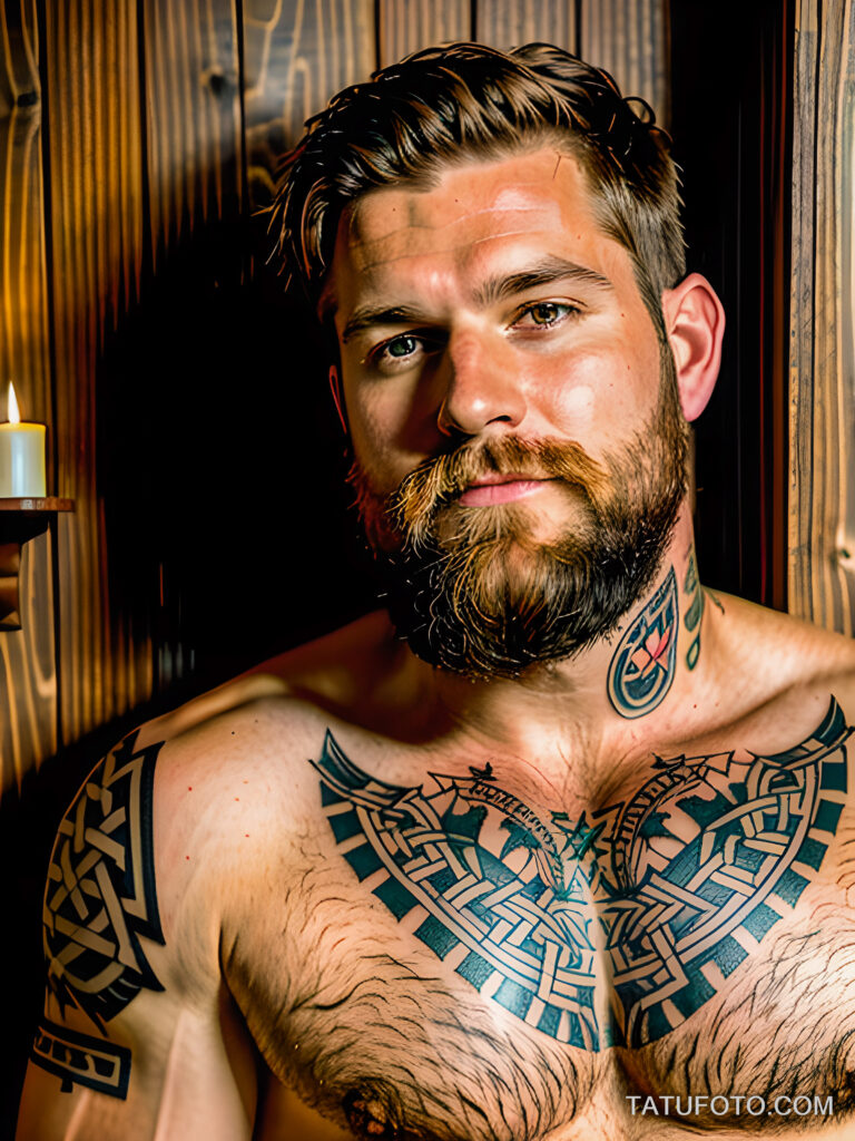Как вес влияет на тату A tall man with a Celtic knot chest tattoo sitting in a wooden cabin wearing a flannel shirt unbuttoned rugged beard detaile tatufoto.com 072