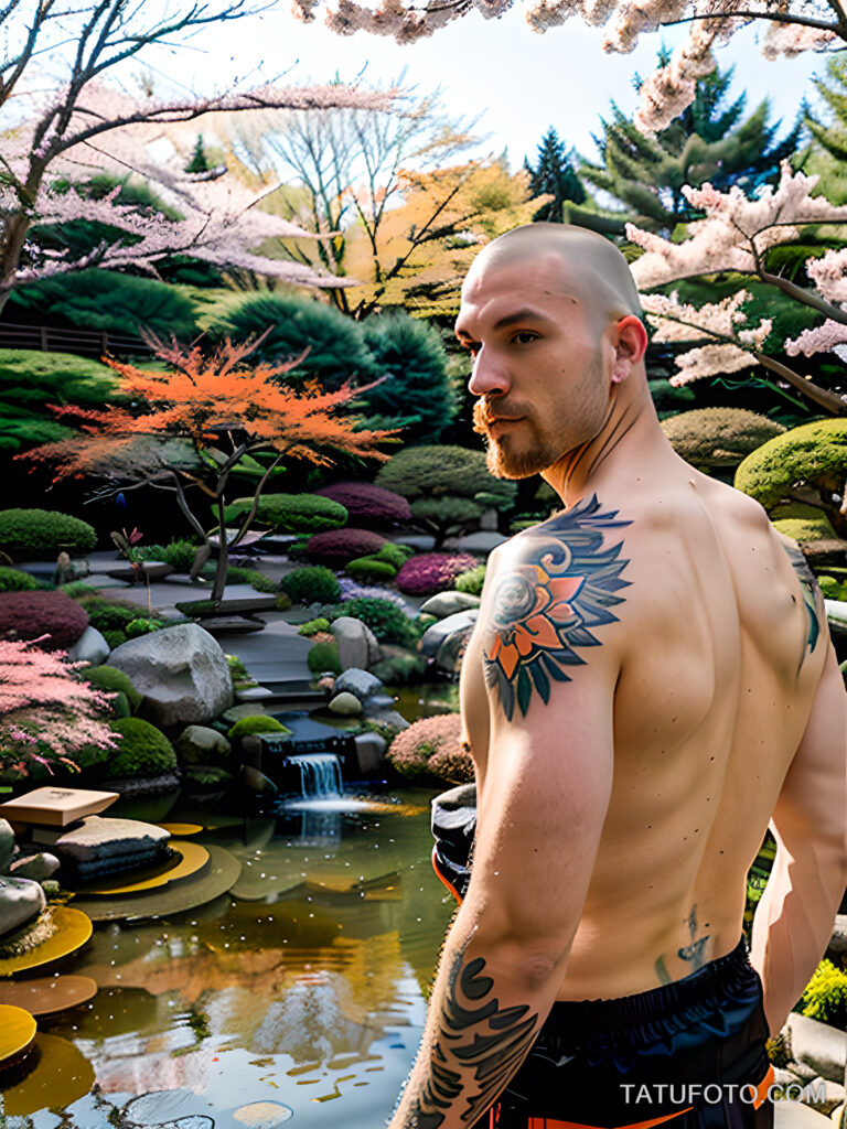 Как вес влияет на тату A tall man with a realistic koi fish sleeve tattoo standing in a Japanese garden wearing a sleeveless shirt tattoo featuring tatufoto.com 005