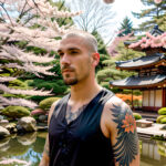 Как вес влияет на тату A tall man with a realistic koi fish sleeve tattoo standing in a Japanese garden wearing a sleeveless shirt tattoo featuring tatufoto.com 007