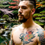 Как вес влияет на тату A tall man with a realistic koi fish sleeve tattoo standing in a Japanese garden wearing a sleeveless shirt tattoo featuring tatufoto.com 010