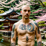 Как вес влияет на тату A tall man with a realistic koi fish sleeve tattoo standing in a Japanese garden wearing a sleeveless shirt tattoo featuring tatufoto.com 011