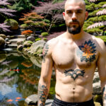 Как вес влияет на тату A tall man with a realistic koi fish sleeve tattoo standing in a Japanese garden wearing a sleeveless shirt tattoo featuring tatufoto.com 016