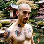 Как вес влияет на тату A tall man with a realistic koi fish sleeve tattoo standing in a Japanese garden wearing a sleeveless shirt tattoo featuring tatufoto.com 105