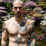 Как вес влияет на тату A tall man with a realistic koi fish sleeve tattoo standing in a Japanese garden wearing a sleeveless shirt tattoo featuring tatufoto.com 134