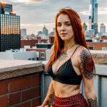 Как вес влияет на тату A tall woman with a detailed mandala tattoo on her thigh sitting on a rooftop wearing a short skirt long straight red hair t tatufoto.com 096