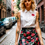 Как вес влияет на тату A tall woman with a full leg floral tattoo wearing a short skirt standing on a cobblestone street medium-length platinum hair tatufoto.com 147