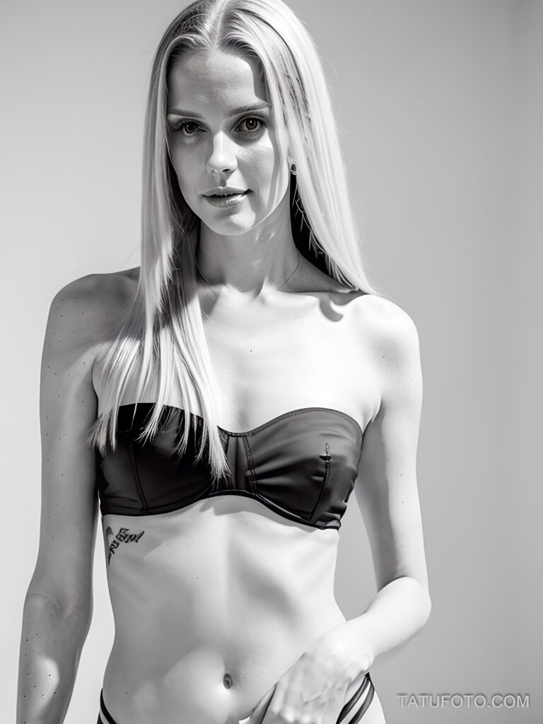 Как вес влияет на тату A tall woman with a minimalist line art tattoo on her collarbone standing in a photo studio wearing a strapless top long stra tatufoto.com 164