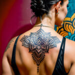 Как вес влияет на тату A tall woman with an intricate back tattoo stretching in a yoga pose tight workout clothes long black hair tied up mandala a tatufoto.com 019