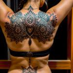Как вес влияет на тату A tall woman with an intricate back tattoo stretching in a yoga pose tight workout clothes long black hair tied up mandala a tatufoto.com 023