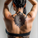 Как вес влияет на тату A tall woman with an intricate back tattoo stretching in a yoga pose tight workout clothes long black hair tied up mandala a tatufoto.com 065