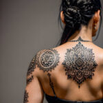 Как вес влияет на тату A tall woman with an intricate back tattoo stretching in a yoga pose tight workout clothes long black hair tied up mandala a tatufoto.com 109