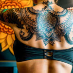 Как вес влияет на тату A tall woman with an intricate back tattoo stretching in a yoga pose tight workout clothes long black hair tied up mandala a tatufoto.com 127