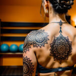Как вес влияет на тату A tall woman with an intricate back tattoo stretching in a yoga pose tight workout clothes long black hair tied up mandala a tatufoto.com 135