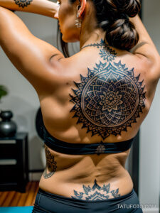 Как вес влияет на тату A tall woman with an intricate back tattoo stretching in a yoga pose tight workout clothes long black hair tied up mandala a tatufoto.com 136