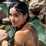 Как вес влияет на тату A woman with a Japanese-style koi fish tattoo on her arm relaxing in an outdoor hot spring towel wrapped around her long dark tatufoto.com 086
