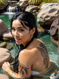 Как вес влияет на тату A woman with a Japanese-style koi fish tattoo on her arm relaxing in an outdoor hot spring towel wrapped around her long dark tatufoto.com 086