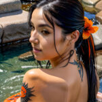 Как вес влияет на тату A woman with a Japanese-style koi fish tattoo on her arm relaxing in an outdoor hot spring towel wrapped around her long dark tatufoto.com 113