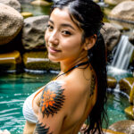 Как вес влияет на тату A woman with a Japanese-style koi fish tattoo on her arm relaxing in an outdoor hot spring towel wrapped around her long dark tatufoto.com 170